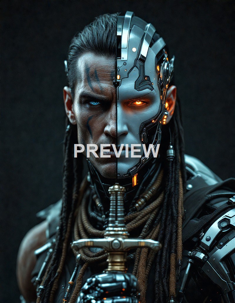 A highly detailed digital image of a cyborg warrior with half of his face human and the other half robotic, holding a sword, with glowing orange eyes and intricate metallic enhancements.